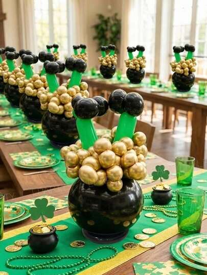 13pcs/Set St. Patrick's Day Party Decorative Balloons, Latex Balloons Designed As "Pot Of Gold" Shape, Suitable For Irish Independence Day, Tabletop Decor Balloons