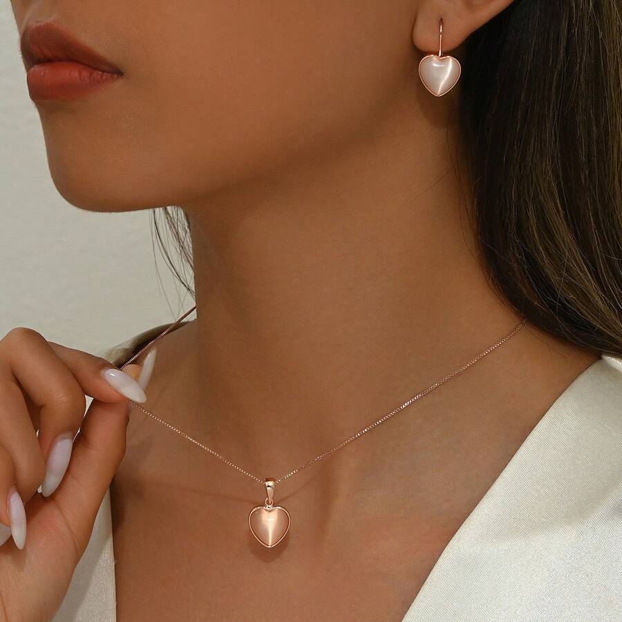 Collar de cadena de caja de piedra ojo de gato en forma de corazón geométrico, estilo europeo y americano, minimalista, amarillo desnudo, conjunto de collar de bloque de color para mujeres - Collar de oro rosa - Ver 1