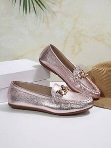 Women Round Toe Penny Loafer Flat Shoes, Large Size, Mirror Finish, Solid Color, Flexible, All-Season, Minimalist Design, Polyurethane Upper, Fabric Inner, TPR Sole, No Sequins, Hand Wash Or Professional Dry Clean - Rose Gold - View 2