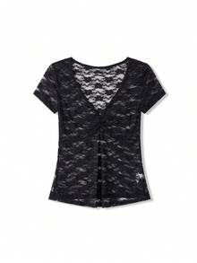 Women's Summer Short Lace Tops Short Sleeve Deep V Neck Slim Fit  Party Tees - Black - View 3