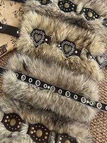 1pc Western Rivet PU Leather Thick Women's Belt, Shiny Belt, Heart-Shaped Belt, Fluffy Warm Niche Belt, Fashionable Coffee-Colored PU Belt Decorated With Sexy Faux Fur, Suitable For Dresses, Jeans, And Casual Outfits, Shiny, Y2K Style Belt - Multicolor - View 3