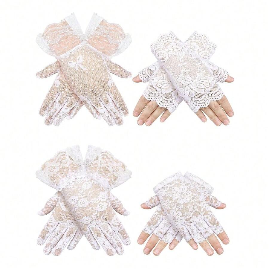 Geyoga 4 Pairs Lace Gloves Women Fingerless Tea Party Elegant Short Lace Gloves For Wedding Bridal Halloween,5-12Years,PureWhite - 純白 - 查看 1