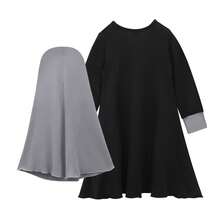 2pcs Muslim Girls Set: Long Sleeve Maxi Dress + Headscarf - Black - View 10