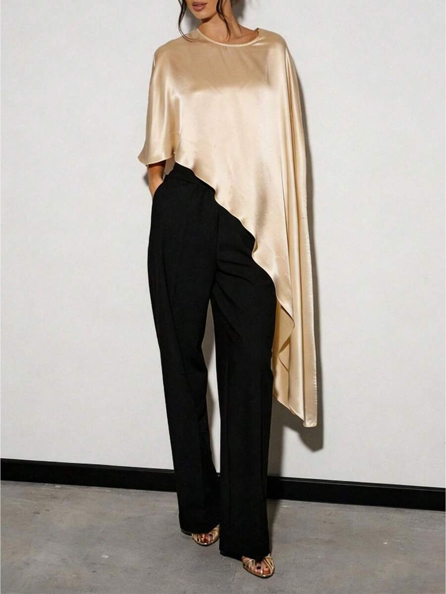 Awevudst Women's Loose Satin Poncho Tunic Tops High Low Silk Shawl Round Neck Ruffle Hem Capes See Through Shrug Bolero Top Cover Up Beachwear - Rượu sâm banh - Xem 1