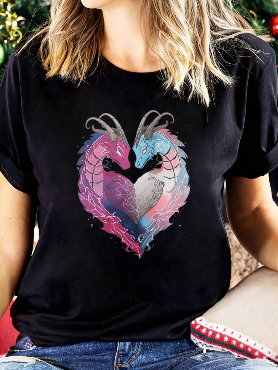 2026 NEW Dragon Love Heart Design Black T Shirt For Women Fantasy Art Couple Dragons Graphic Tee Fashion Top New Women's Casual T-Shirt - 白色 - 查看 1