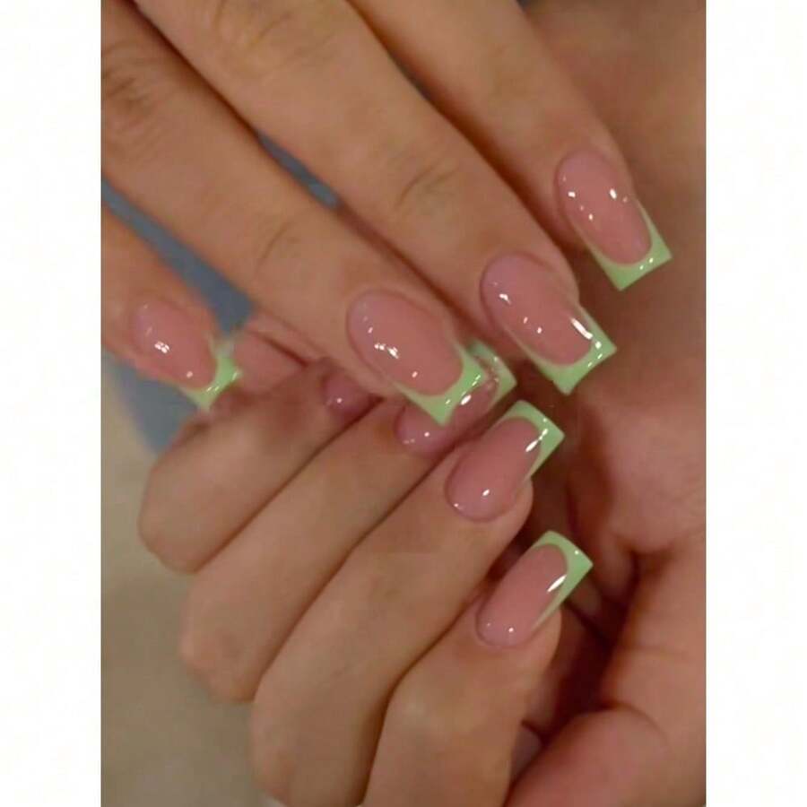 High Fashion Sense Elegant New Wear Nail French Green Edge Nail Art Piece Square Fake Nail Sticker Finished Product Removable - BZ1635 藍如天空 - 查看 1