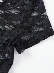 Women's Summer Short Lace Tops Short Sleeve Deep V Neck Slim Fit  Party Tees - Black - View 6