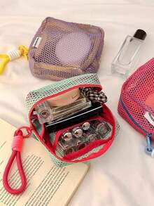 1个/4个装马卡龙色网眼化妆包，带可拆卸手柄或樱桃/草莓手柄 | 大容量多口袋收纳包，可装化妆品、卫生用品和旅行必备品 | 母亲节礼物、毕业/复活节礼物、夏季海滩度假收纳包、婚礼/伴娘礼物、首饰袋、零钱包 - 彩色 - 查看 7