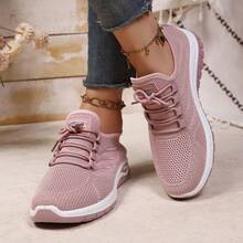 Tênis Casuais Femininos Plus Size, Sapatos de Malha Respirável, Cano Baixo com Cadarço e Design de 3 Listras Laterais, Fácil de Calçar/Descalçar, Presente para Mulheres, Adequado para Corrida, Caminhada, Transporte e Uso Diário em Todas as Estações - Rosa chiclete - Visão 3