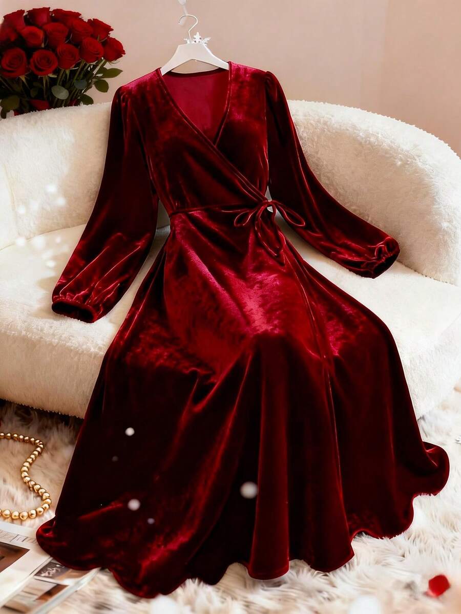 Women's Elegant Velvet Maxi Dress, Red Party Gown Suitable For New Year, Valentine's Day - Burgundy - View 1