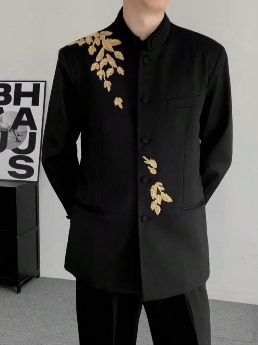Autumn New Chinese Heavy Industry Embroidered Jade Orchid Zhongshan Suit Jacket Retro Handsome And High End Men's Suit - màu đen - Xem 1
