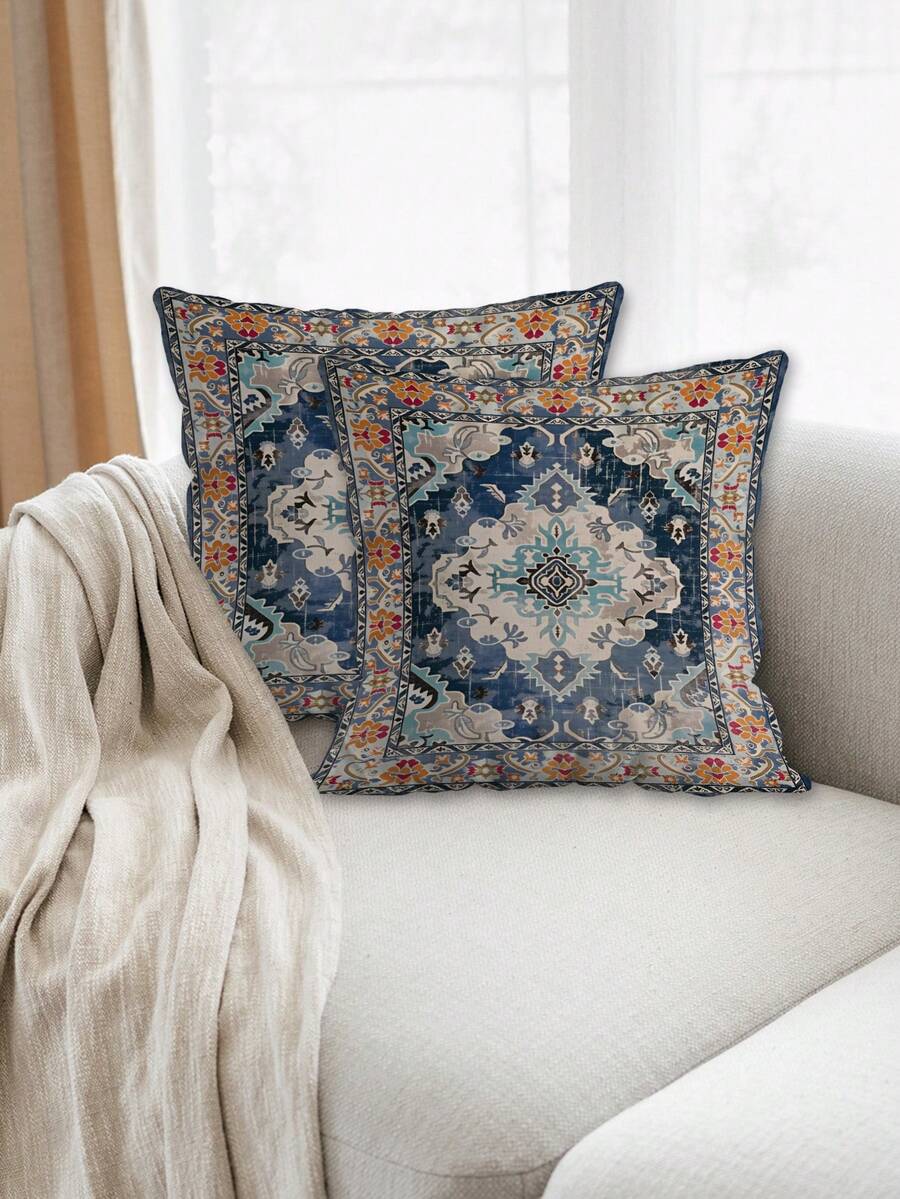 2 件装几何图案摩洛哥基里姆风格抱枕套，波西米亚风格客厅装饰沙发靠垫套，农舍家居客厅沙发装饰枕套（不含填充物） - 藍色 - 查看 1