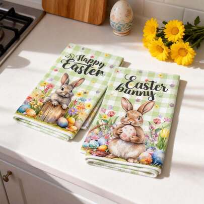 2条复活节兔子装饰毛巾，清新绿色格子节日毛巾，厨房装饰彩蛋兔子手巾