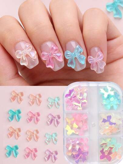 1盒蝴蝶结美甲装饰品，3D蝴蝶结丝带，彩色美甲配件，美甲饰品，DIY工艺品，美甲用品，女士DIY美甲装饰设计，美甲宝石。适合情人节、婚礼礼盒及日常使用。
