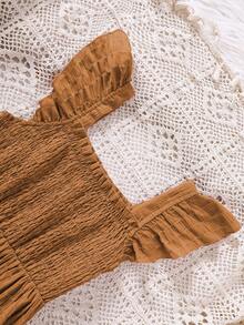 少女纹理面料方领短袖收腰休闲度假连衣裙，春夏款 - 棕色 - 查看 3