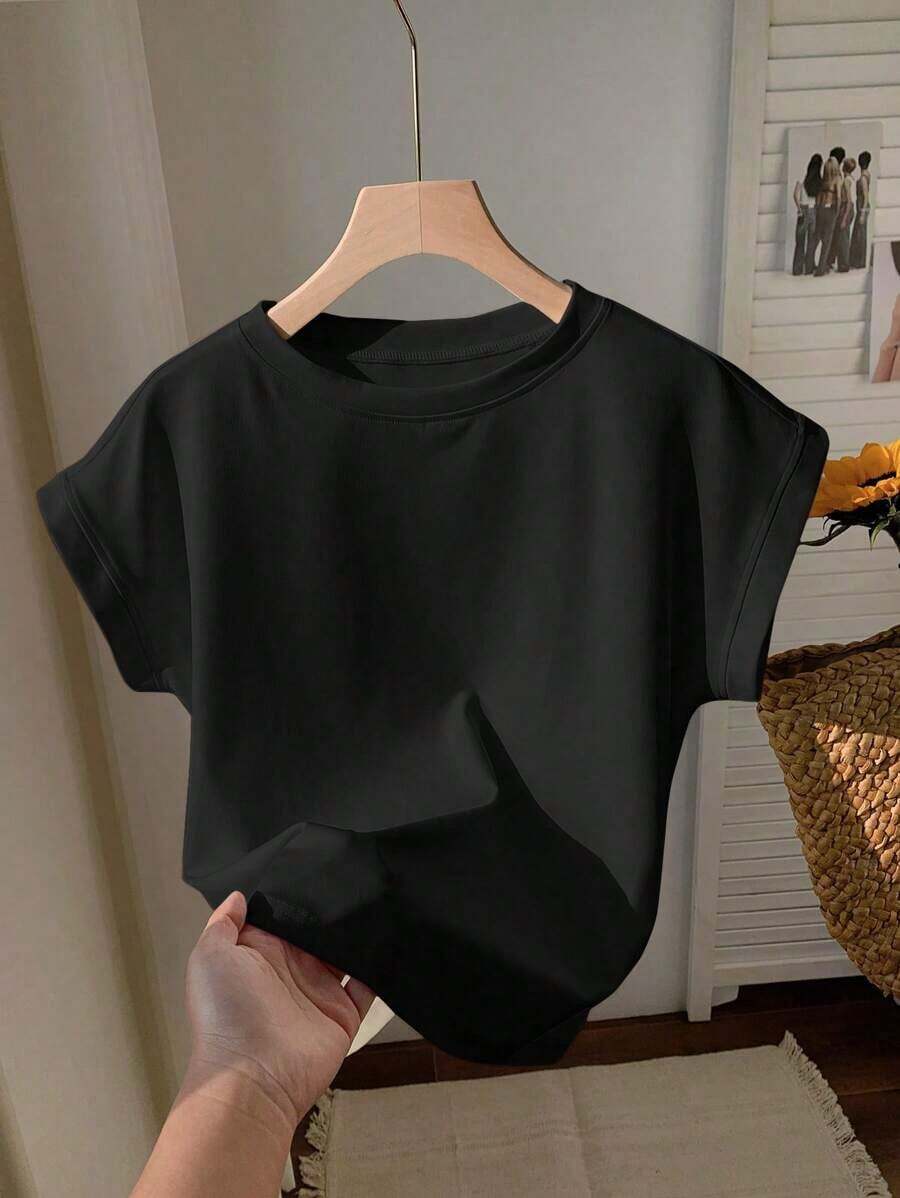 2026 SUMMER TopComfortcana Women's Casual Coffee Brown Round Neck Short Sleeve T-Shirt, SummerLoose And Comfortableshirt - 黑3 - 查看 1