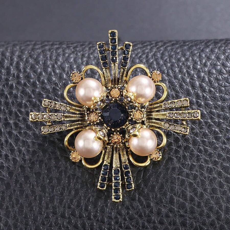 1 pezzo Spilla vintage in lega di zinco con perle sintetiche a forma di croce, adatta per l'uso quotidiano delle donne - Bronzo - Visualizzare 1