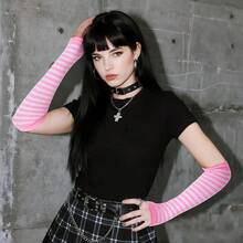 Nydotd Fingerless Long Sleeve Mittens Gloves Y2K Kawaii Japanese Harajuku Gothic Punk Knitted Striped Arm Warmer For Women,PinkWhite - PinkWhite - 查看 6