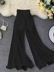 Plus Size Women's Spring/Summer Casual Wide Leg Solid Color Elastic Waist Mesh Long Pants, Versatile For Spring/Summer Wear With Various Tops Black - Black - View 2