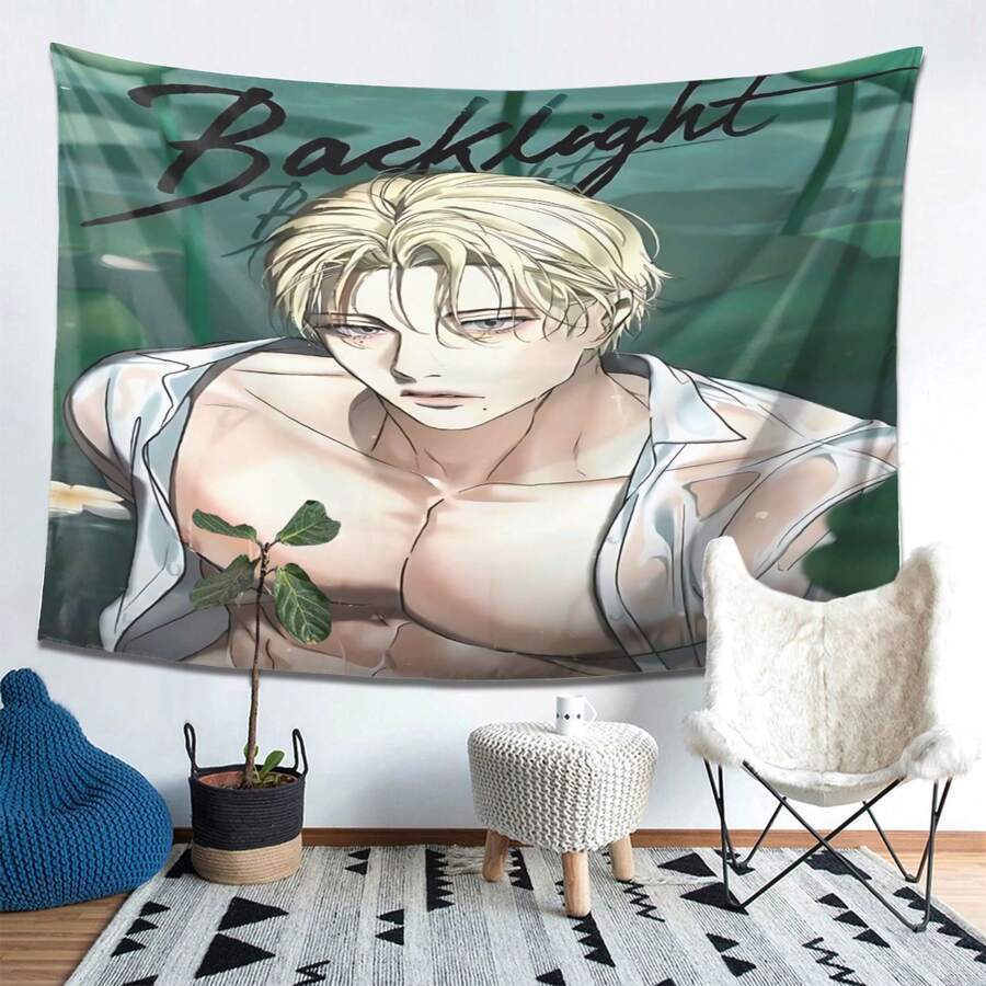 Backlight Anime Tapestry - Soft Peach Light Fabric, Horizontal Wall Hanging With Vibrant Character Design, Perfect For Living Room, Bedroom, Or Study Decor, Ideal For Thanksgiving And Family Gatherings, Anime Room Decor - màu đen - Xem 1