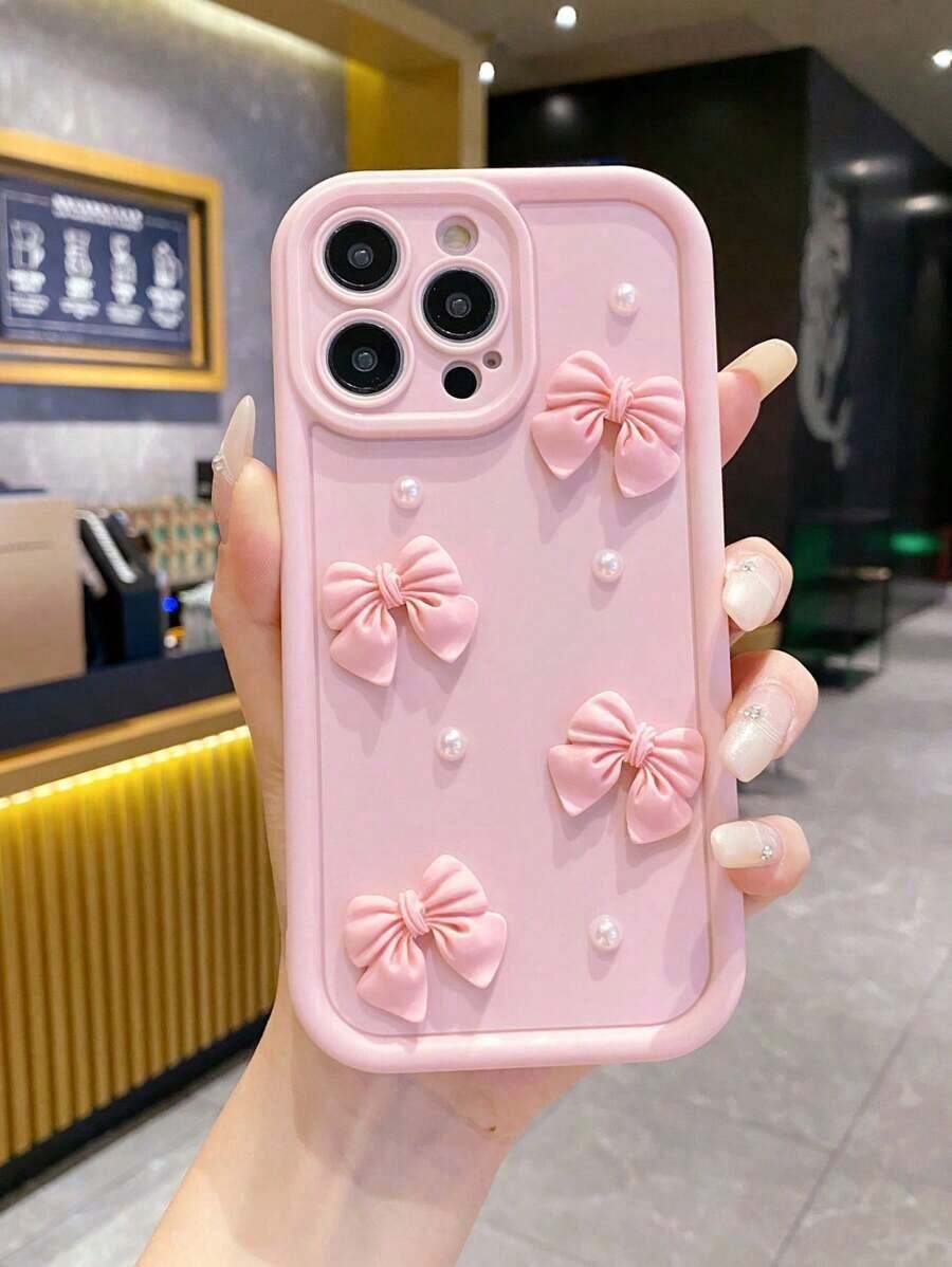 Cute 1Pc 3D Bow Decor Matte Black Phone Case, Protective Cover With Camera Lens Protection, Fashionable & Anti-Drop, Compatible With IPhone, OPPO, VIVO, Honor, Galaxy, Redmi Phones Waterproof Shockproof Scratch Resistant,Cute Phone Cases - 1PC - 查看 1