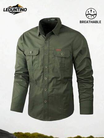 LEDUNTINO [Primavera/Verano] Camisa informal con botones de moda para hombres, color verde sólido, deportiva, de carga, regalo para novio, camisa de manga larga de primavera/otoño para hombres, multicolor, con doble bolsillo, cuello de solapa, ropa de primavera/otoño para hombres