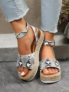 夏季时尚休闲草编搭扣露趾交叉编织绳平底凉鞋，纯色金属搭扣编织后系带女鞋，适合度假和通勤，经典黑白蛇纹厚底坡跟凉鞋 - 黑白蛇紋 - 查看 3