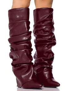 Women's Slouched Ruched Fold Over Boots - Patent Leather Covered Wedge Heel Wide Calf Pointed Toe Knee High Casual Boots - Dark Red - View 5