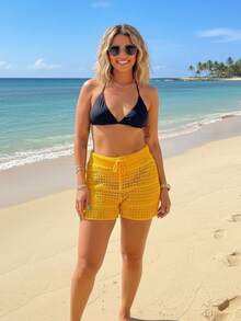 Women's Short Beach Cover-Up Knit Shorts With Crochet Detail And Adjustable Drawstring, Summer Fashion, Pool Style - 沙 - 查看 3