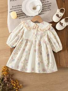 1pc Girls Floral Print Dress With Ruffle Collar, Loose Casual Dress For Outdoor/Holiday, Spring/Autumn - Apricot - View 2