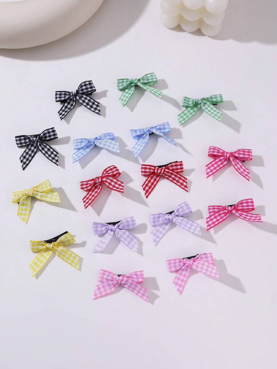 16pcs Colorful Plaid Ribbon Bow Hair Clips, Fashion Cute Barrettes For Girls, Lace Hair Accessories, Suitable For Daily, Summer, Vacation, Party, Claw Clips, Hair Slide