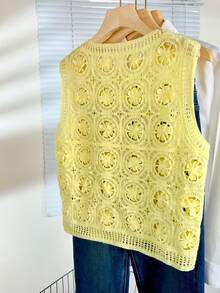 宽松针织镂空吊带背心，无袖钩针上衣，轻盈透气，百搭夏季时尚单品 - 黃色 - 查看 7