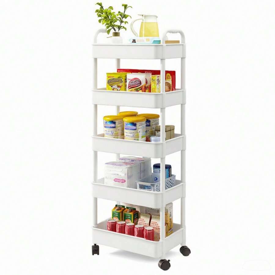 Storage Trolley – 5-Tier Bathroom Shelving System, Mobile Rolling Trolley, Plastic Transport Trolley For Kitchen, Bathroom And Laundry Room - trắng - Xem 1