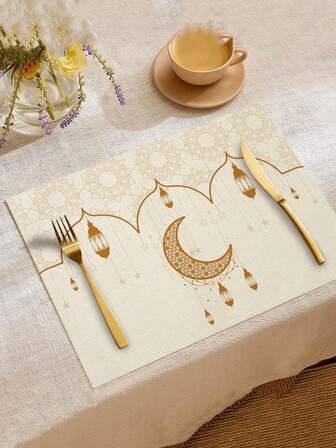 4 piezas Manteles individuales con diseño de luna y lámpara de aceite - Manteles individuales de decoración vintage para Ramadán, manteles aislantes para vajilla, decoración de ambiente festivo de Oriente Medio, adecuados para decoraciones de Eid Al-Fitr Ramadán, centro de mesa, regalos de Ramadán