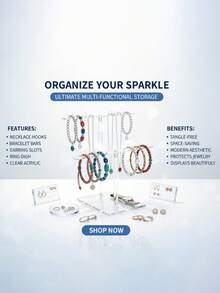 1 pieza Soporte de exhibición de joyas de acrílico, organizador de 2/3/4 niveles, accesorio de almacenamiento y decoración para el hogar y el dormitorio, adecuado para pulseras, collares, anillos, relojes, soporte de escritorio rectangular, sin necesidad de alimentación eléctrica, torre de joyas - transparente - Ver 7