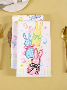 2条装复活节厨房毛巾，40*48厘米，彩色水牛格纹兔子图案，农舍风格柔软吸水春季装饰手巾，非常适合厨房和浴室节日装饰，家用擦洗抹布，复活节家居装饰，乔迁礼物