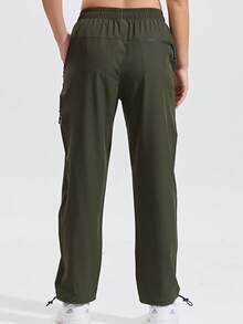 3 Pack Women's Fashion Solid Color Casual Drawstring Waist Cargo Pants, Zipper Pockets, Multi-Pocket Design, Daily Wear Long Trousers - Gray Green Khaki - View 2