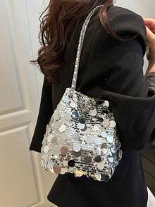 Dedoo 1pc Glitter Lightweight Large Capacity Women's Crossbody Bag, Fashionable Versatile Party Bucket Bag Suitable For Party, Travel, Evening Events - Silver - View 7