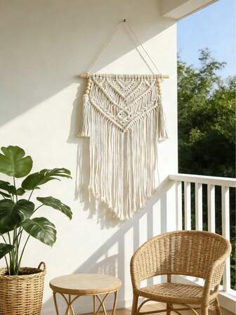 1件手工编织挂毯，波西米亚风格，白色流苏和几何图案，波西米亚家居装饰，适用于客厅、卧室、儿童房、宿舍、农舍，乡村风格墙饰，天然棉质，简约风格