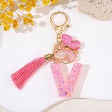 闪亮树脂字母钥匙扣，带流苏和蝴蝶吊坠，时尚配饰，送给朋友的理想礼物，包包挂件 - 粉色 - 查看 30