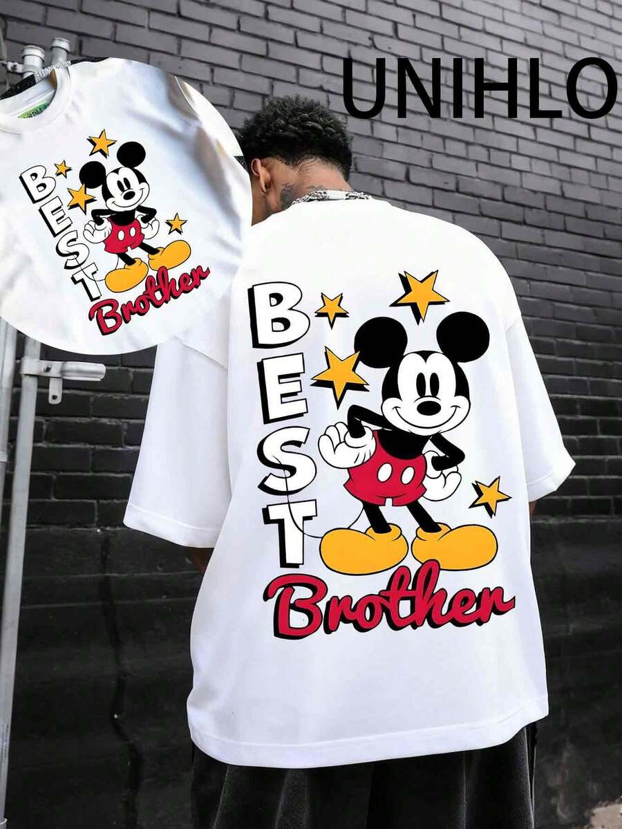 Disney UNIHLO Street Life Men's Casual Loose  Cartoon  Print Short Sleeve T-ShirtSummer - trắng - Xem 1