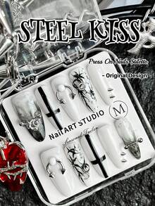 10片装手工朋克风亚克力美甲套装，包含短方形美甲片、黑色美甲片、可爱白色透明美甲片、撕裂设计美甲片和法式美甲片。完美融合十字架和星星元素，打造独具一格的朋克女孩风格。 - 彩色 - 查看 3