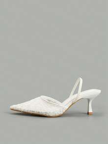 尖头网纱印花踝带细高跟鞋，适合婚礼和派对，猫跟鞋 - 白色 - 查看 5