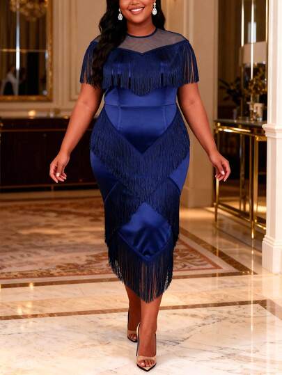 大码女式深蓝色缎面流苏中长连衣裙，配以透视网纱，凸显曲线，优雅大方，适合正式场合