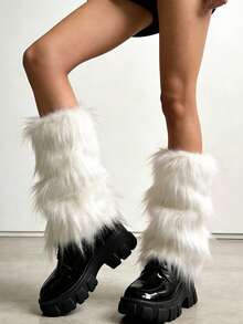 女士仿毛皮腿套，温暖蓬松的靴套/袖套，适合冬季、派对、万圣节、圣诞老人装扮，Y2K风格 - 彩色 - 查看 13