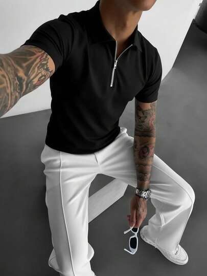 男士时尚简约纯色拉链短袖T恤，夏季