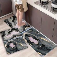 Kitchen Area Decorative Mats With Marbled Pattern - Black Gray Light Pink Gold Blue-Green Accent, Non-Slip For Kitchen Floor, Washable Rectangular Mats - Perfect For Modern Kitchen With White Cab - White - View 3