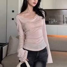 Women's Elegant Tie-Waist Loose Fit Scoop Neck Long Sleeve T-Shirt, Lightweight Casual Loose Fit Sun Protection Coverup, Loose Flattering Fashion Minimalist Casual Outdoor Top, Pink - Pink - View 7