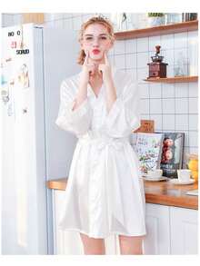 1pc Bridesmaid Robe, Spring/Summer Wedding Sleepwear, Bride Maid Satin Bathrobe, Sexy Loungewear - White - View 4