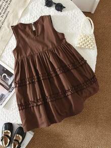 bearleader 3-7 Years Old Girls' Brown Solid Color Sleeveless Contrast Lace Casual Dress With Jacket, Summer - Brown - View 2
